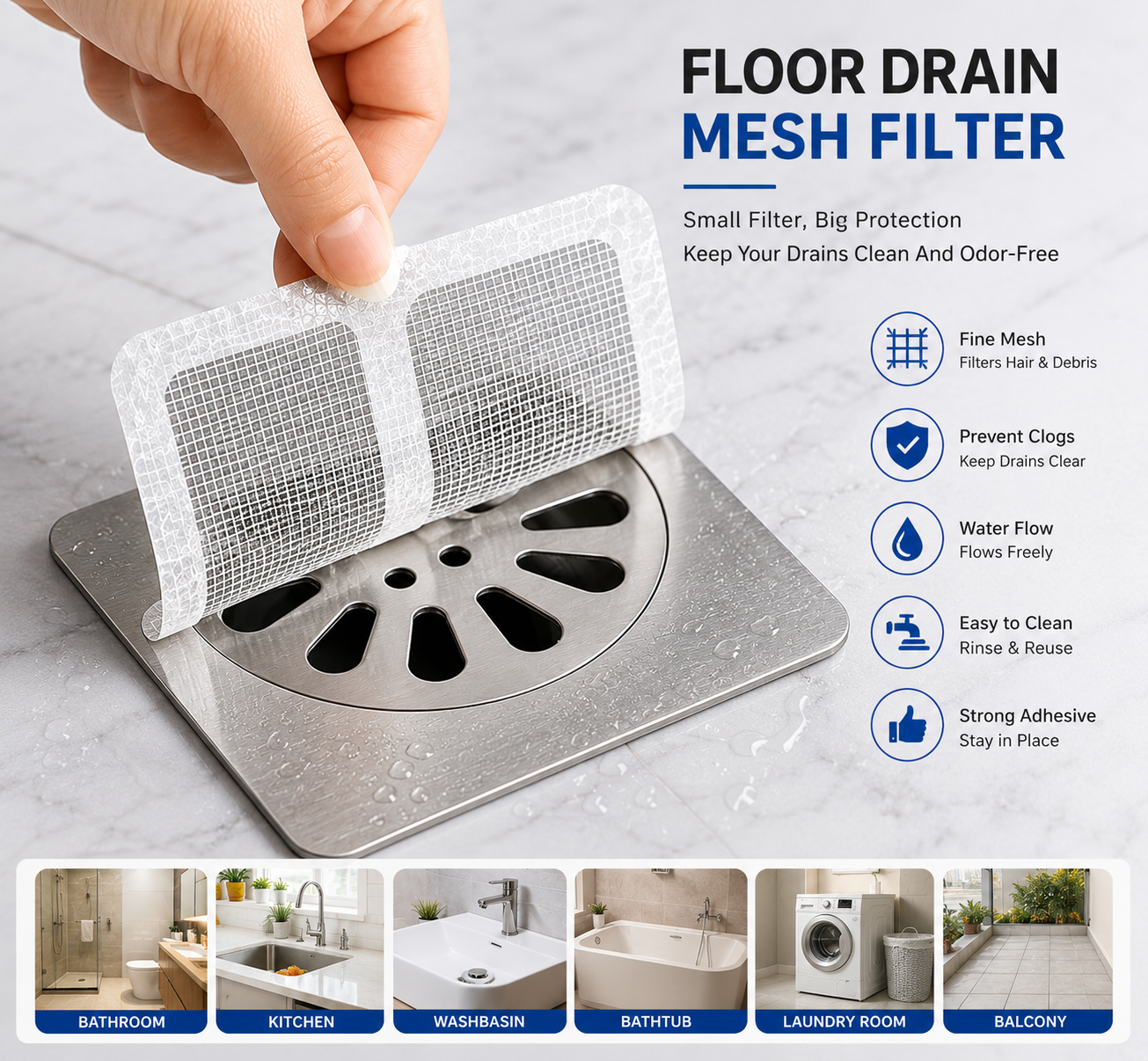 10 Pcs Shower Drain Mesh Stickers | Disposable Hair Catcher Drain Covers | Bathroom Floor Drain Filter for Sink, Bathtub, Laundry & Kitchen