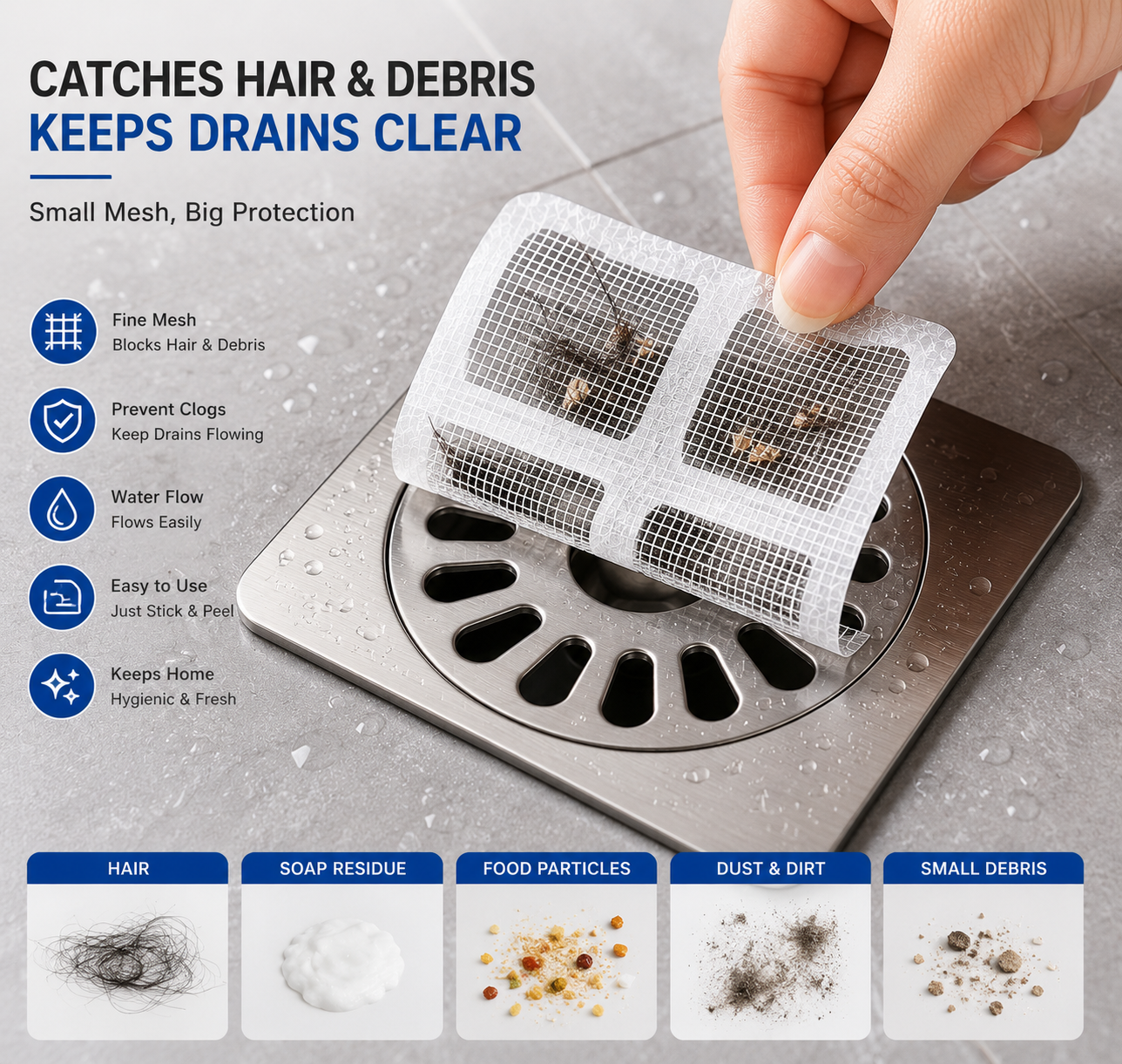 10 Pcs Shower Drain Mesh Stickers | Disposable Hair Catcher Drain Covers | Bathroom Floor Drain Filter for Sink, Bathtub, Laundry & Kitchen