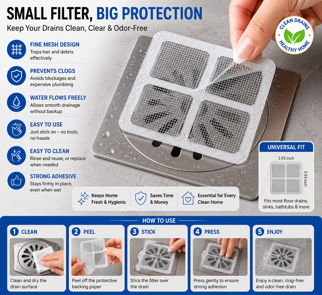 10 Pcs Shower Drain Mesh Stickers | Disposable Hair Catcher Drain Covers | Bathroom Floor Drain Filter for Sink, Bathtub, Laundry & Kitchen